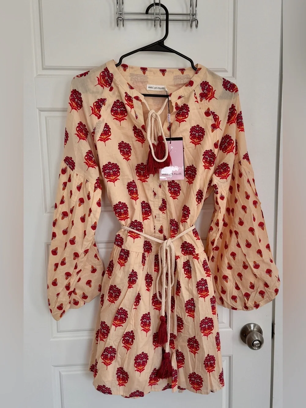 Avec Les Filles Floral Mini Dress Boho Peasant Tassel Tie Waist Size 6
